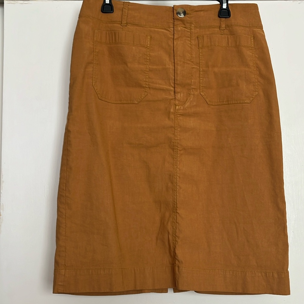 Maeve Mustard Straight Midi Skirt with Patch Pockets